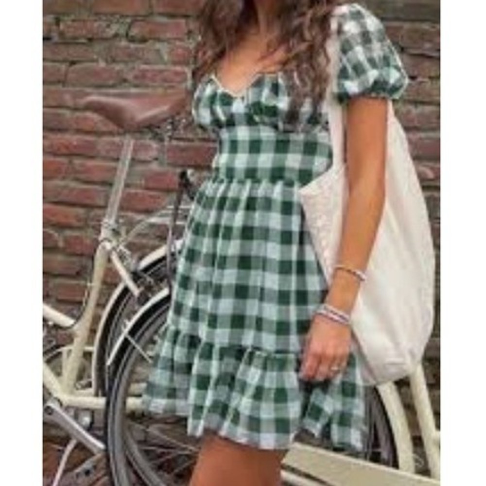 Gingham Puff Sleeve Milkmaid Mini Dress Green Small Cottage Picnic Romantic Boho